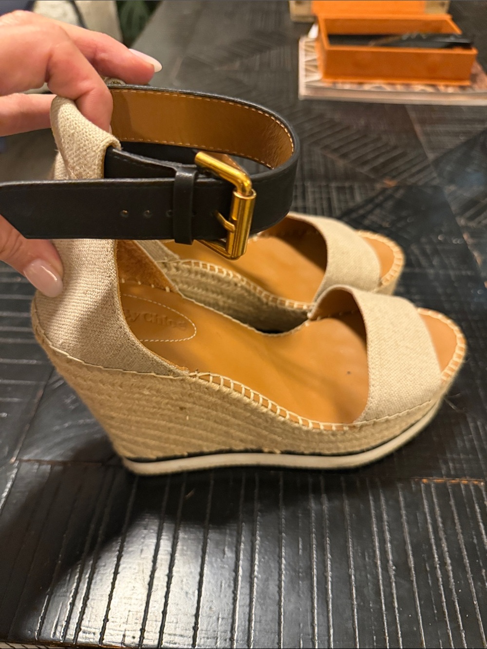 See By Chloé Beige Espadrille Wedge Sandals with Black Ankle Strap